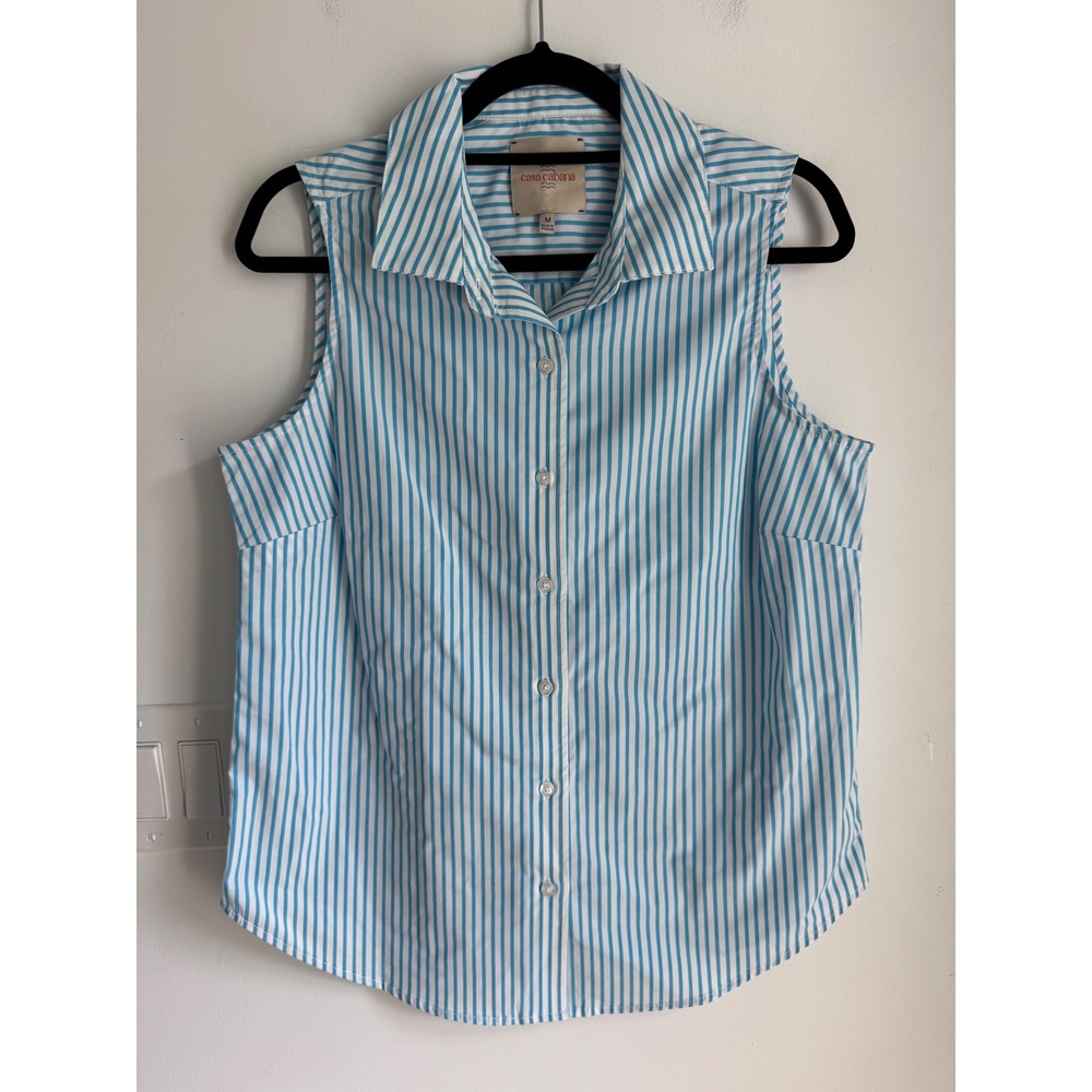 Casa Cabana Womens Blue White Striped Sleeveless Button Down Shirt Size M
